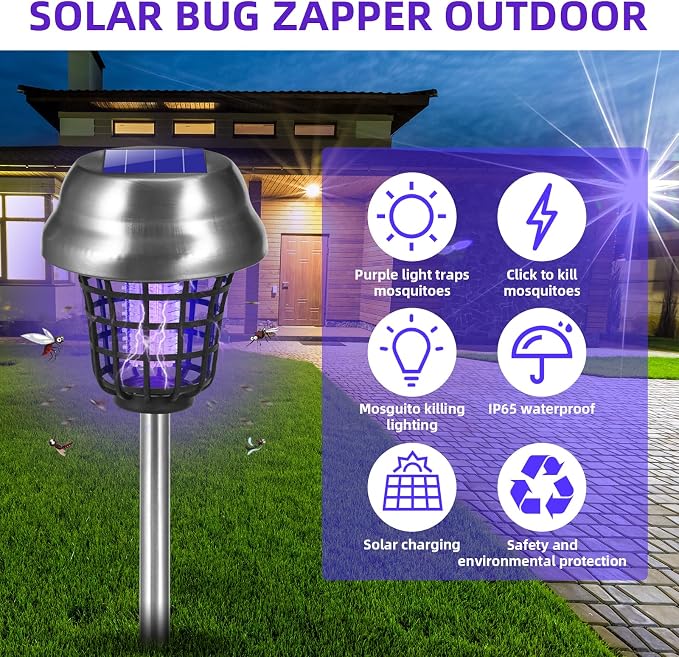 2026 Solar Bug Zapper Outdoor Waterproof Mosquito Repellent Outdoor Patio Mosquito Trap & Killer for Backyard, Farm, Garden, Solar Powered Fly Zapper for Small Flying Insect, Gnats, Flies, Moths(4)