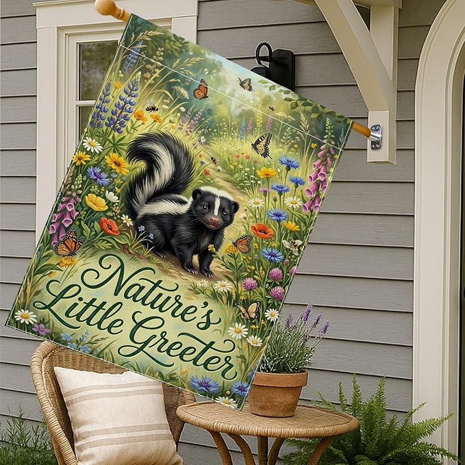 Skunk House Flag, Nature Fanciful Butterfly Flowers Spring Green Burlap Double Sided Front Porch Decorative Flags for Outdoor Yard Lawn Patio Doorway Entrance 28x40 Inch