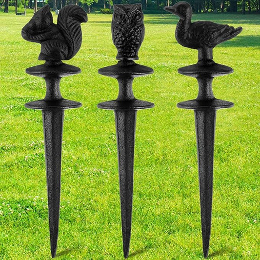 Tandefio 3 Pcs Animals Garden Hose Guide Stakes, Owls Squirrels Ducks Heavy Duty Decorative Antique Black Cast Iron Metal Hose Guides, Plant Protector for Lawn Yard Flower Bed