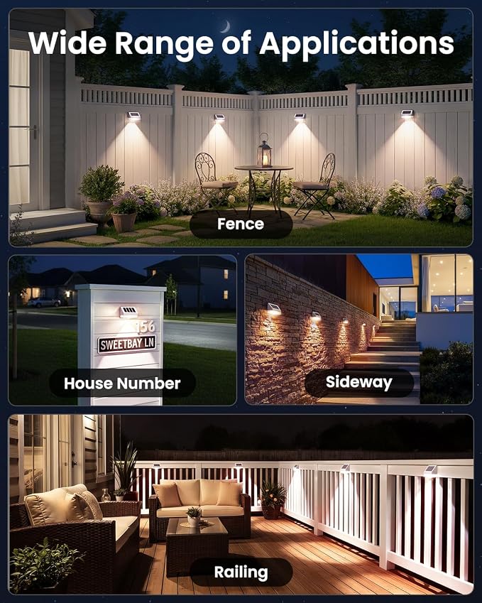 VOLISUN Vinyl Fence Lights 8 Pack, Dusk to Dawn White Solar Lights Outdoor Waterproof with Warm White LED Spot Lens, Solar Light for Fence, Yard, Wall, Backyard, Railing, Deck, and Patio