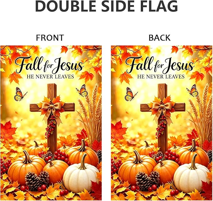 Fall Pumpkin Cross Garden Yard Flags 12x18 Double Sided Outside | Holiday Thanksgiving Fall for Jesus He Never Leaves Pumpkin Cross Outdoor Yard Decoration, Autumn Farm Porch Garden Decor