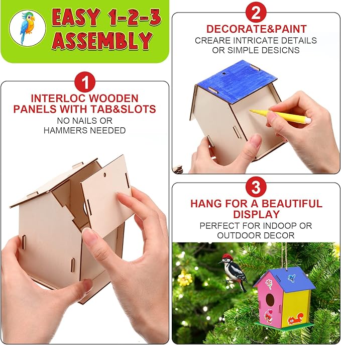 Tuanse 107 Pcs Wooden Birdhouse DIY Kits Includes 21 Unfinished Wood Mini Bird House 24 Watercolor Pen 50 Bird Butterfly Flower Slices 12 Animal Stickers for Adults DIY Craft Making Supplies (Cute)