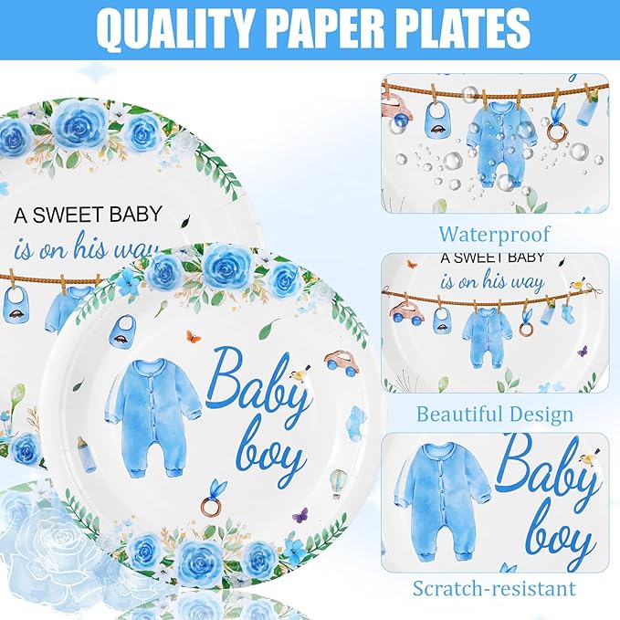 96 Pcs Wildflower Party Decorations Plates and Napkins Forks Floral Blue Disposable Paper Tableware Set for Birthday Flower Gender Reveal Spring Garden Party Supplies for 24 Adult Guests