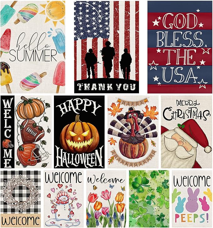 12 Pack Seasonal Garden Flags Set 12x18 Double Sided Burlap, Small Yard Flags for Outside All Seasons, Holiday Outdoor Decorations for Christmas Fall Thanksgiving 4th of July Patriotic Spring Summer