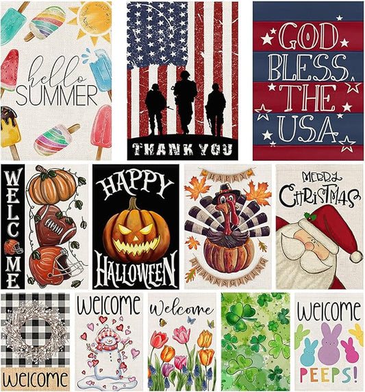 12 Pack Seasonal Garden Flags Set 12x18 Double Sided Burlap, Small Yard Flags for Outside All Seasons, Holiday Outdoor Decorations for Christmas Fall Thanksgiving 4th of July Patriotic Spring Summer