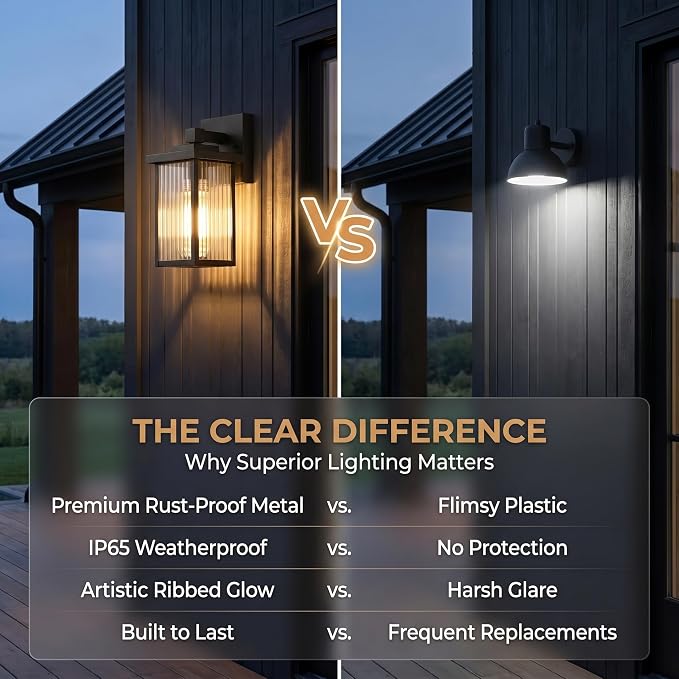 Matte Black Porch Light, Waterproof Outdoor Wall Light | Corrosion-Resistant Metal, Textured Glass Cuts Glare, Easy DIY Install on Porch, Garage