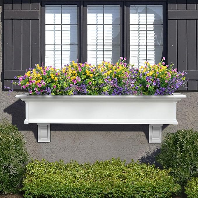 Hananona 24 Pcs Artificial Flowers Outdoor, Faux Artificial Plants UV Resistant Plastic Flower Bulk for Hanging Planter Porch Window Home Wedding Summer Decor (24, Fuchsia, Purple, Yellow, Green)