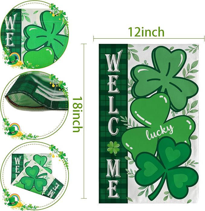 OHOME St Patricks Day Decorations - Shamrock Garden Flags | St Patricks Day Party Favors Supplies Decor Indoor Outdoor - St Patrick's Day Welcome Backdrop Banner for Garden Porch Patio Lawn Yard
