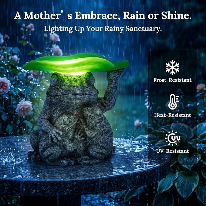 MXwcy Solar Frog Garden Statue with Bird Feeder, 7.8'' Resin Frog Family Solar Garden Light Outdoor Waterproof, Cute Yard Decor for Patio Lawn Backyard, Garden Gifts for Mom Grandma Women