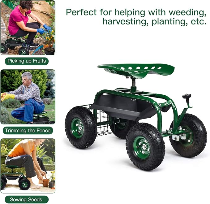 IRONMAX Garden Cart with Seat, Gardening Rolling Stool Scooter with 10’’ All-Terrain Wheels, Convenient Pull Handle & Tool Tray and Basket for Outdoor Planting (Green)