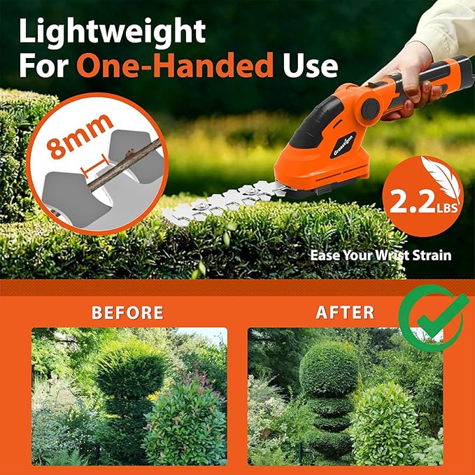 Grasstigon 7.2V Hedge Trimmer Cordless, 2 in 1 Grass Shear Handheld, Electric Bush Trimmer, Lightweight Rechargeable Shrub Trimmer for Garden Yard Lawn (Orange)