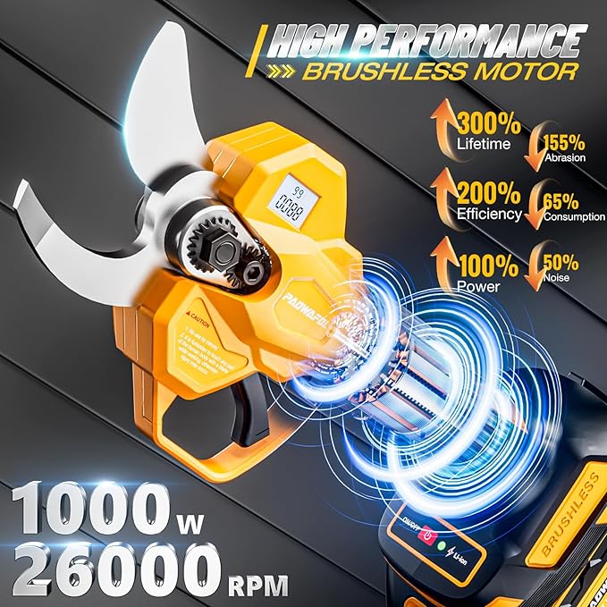 2.05"/ 56mm Electric Pruning Shears, Cordless Electric Scissors LCD Display＆SK7 Blades, 21V Brushless Motor Branch Cutter with 2 PCS Rechargeable 2000mAh Batteries & 2 Blades (Yellow)
