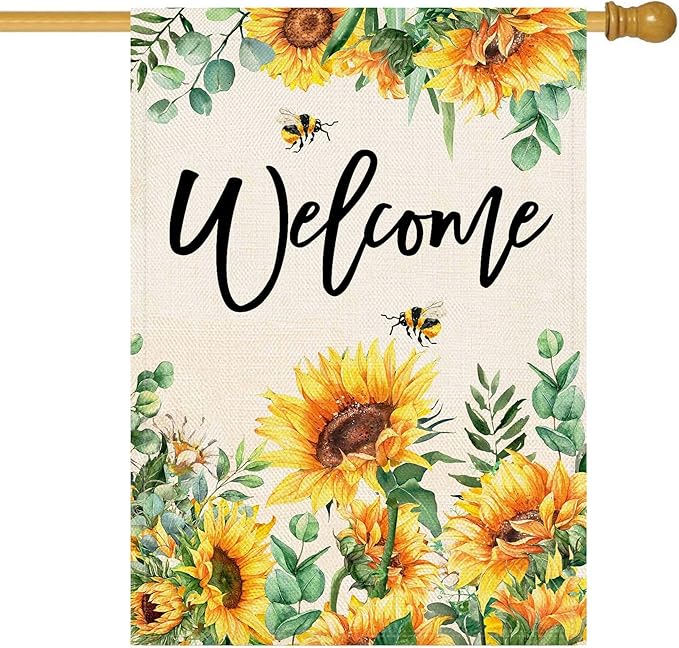 Baccessor Sunflower House Flag Spring Summer Bee Eucalyptus Leaves Welcome Flag 28 x 40 Inch Double Sided Burlap Yard Large Outside Decor