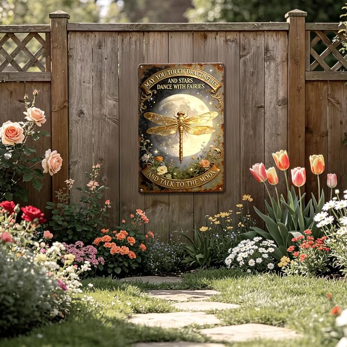 2D Flat Funny Garden Signs, Touch Dragonflies And Dance With Fairies Vintage Garden Decor, Outdoor Wall Decor for Patio Yard Greenhouse, Waterproof Dragonfly Gift for Home 8x12 Inch