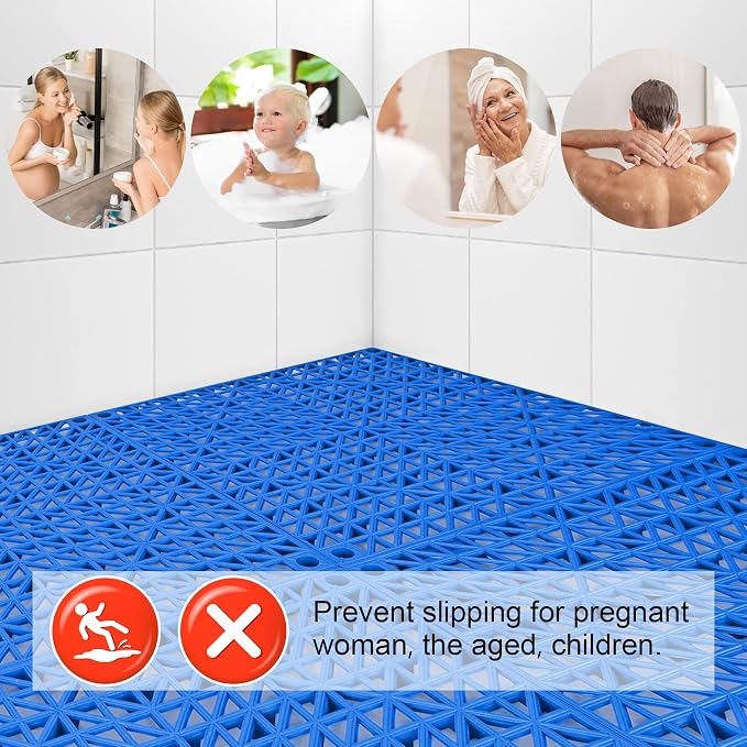 MYFAMIREA Modular Interlocking Cushion 12 Pack 11.8" x 11.8" Rubber Floor Tiles Non-Slip Splicing Drainage Mats for Deck, Pool, Outdoor Shower, Patio, Balcony, Indoor Bathroom, Kitchen, Yard (Blue)