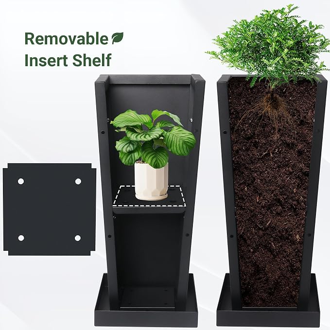 30" Metal Tall Outdoor Planters Set of 2, Durable & Wealtherproof | Tall Planters with Drainage Insert Shelve & Trays, Black Outdoor Planters for Porch, Garden, Yard