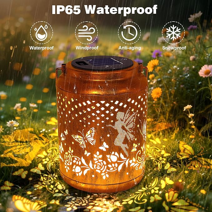 Solar Lanterns Outdoor Hanging Lantern Lights, Fairy Butterfly Metal Garden Decor Waterproof Solar Lights LED Decorative Outside for Garden Yard Patio Lawn Porch, Mothers Day Gifts for Women Mom