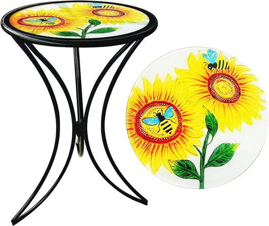 J-Fly 12 Inch Outdoor Side Table, Round Patio Accent Indoor End Table with Glass Top & Metal Base for Living Room, Office, Balcony, Bee Sunflower Indoor Furniture Valentine Decor(20" Height)