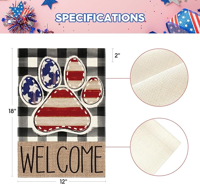 AVOIN colorlife American Flag Paw Print Patriotic 4th of July Garden Flag 12x18 Inch Double Sided Outside, Welcome Buffalo Plaid Yard Outdoor Decoration