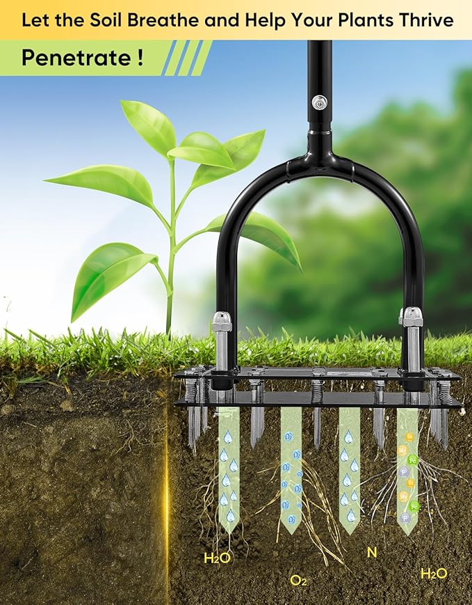 Sakerplus Aerator Lawn Tool, Hand Metal Spike Lawn Aerator with Rebounce Spring Base, Automatic Leaf and Dirt Cleaning, Grass Aerator for Lawn Care, Soil Loosening, Yard Aerating (Black Handle)