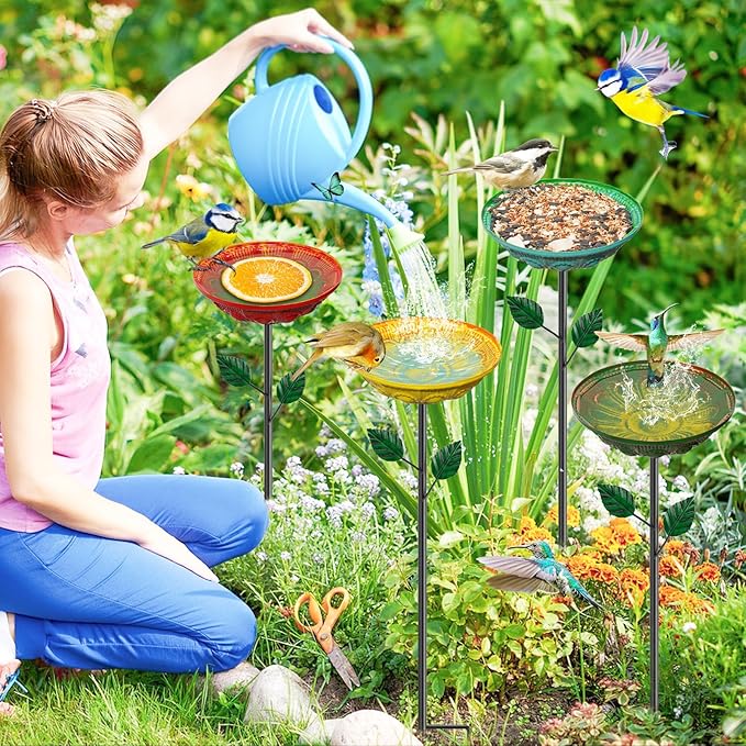 4PCS Flower Bird Baths for Outdoors, 5.9" Metal Hummingbird Bath with Adjustable Stake, Colorful Garden Birdbath Decor Set for Outside Yard Lawn Patio﻿(Datura)