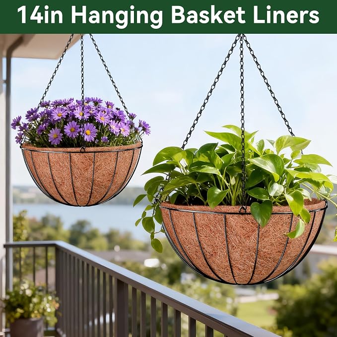 ZeeDix 6 Pack 14 Inch Coconut Liners for Planters, Round Hanging Basket Liners Natural Coco Coir Replacement Liner for Flowers Vegetables Patio Porch Garden Decor