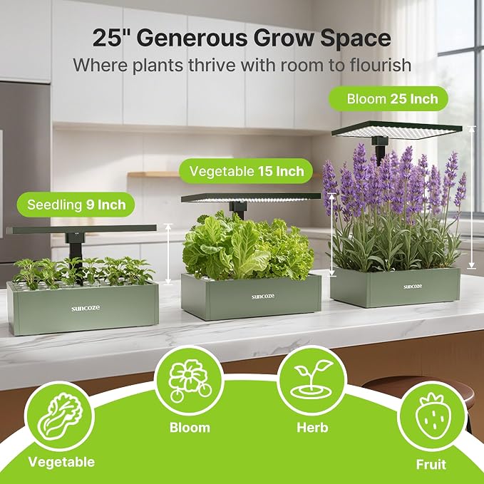 SUNCOZE Hydroponics Growing System Kit, 20 Pods Indoor Herb Garden with 10L Large Tank & Adjustable Height 25", 30W LED Grow Light, LCD Display with Veg/Flower Modes, Pump & Low Water Reminder, Green