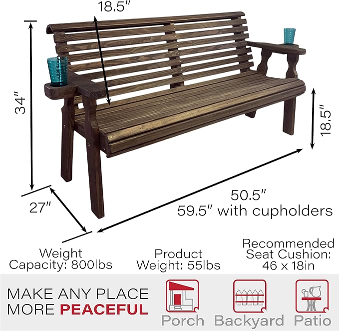 Amish Casual Heavy Duty Pressure Treated 4 Foot Outdoor Garden Bench with Cup Holders - Amish Crafted Roll Back Design in Dark Walnut Stain, 700 Lb Weight Capacity