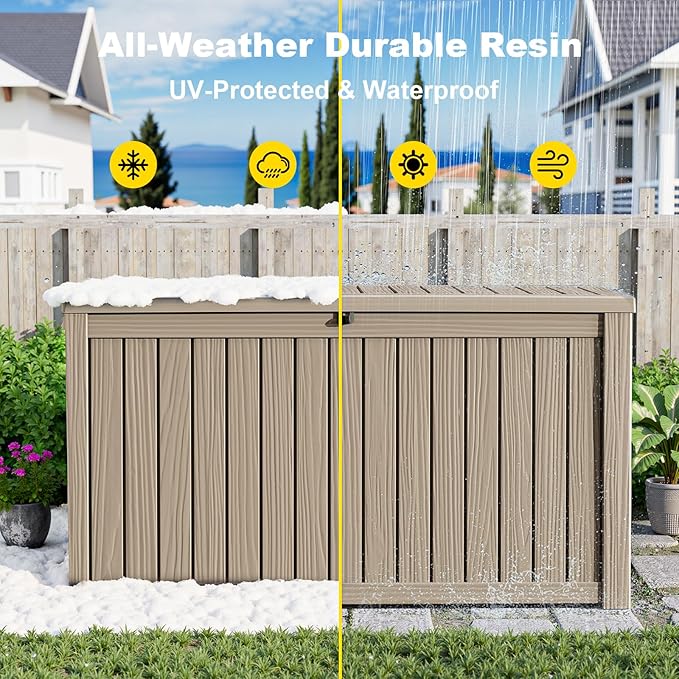 200 Gallon Outdoor Storage Box Waterproof, Resin Lockable Deck Box with Lid, Large Capacity Weatherproof Container for Patio Furniture Pool Accessories, Side Table(Grey, 200 Gallon)