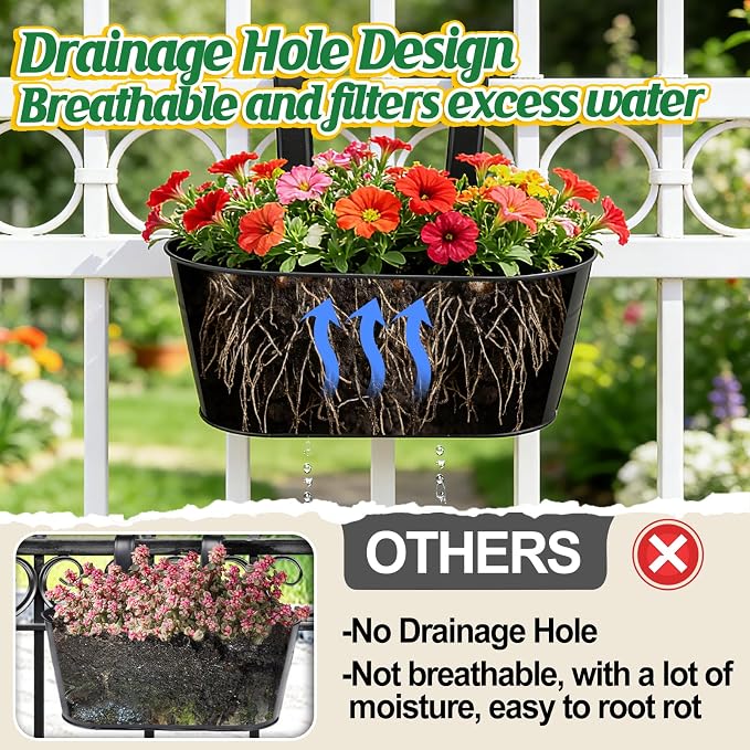 MADHOLLY Railing Planter with Drainage Holes - Sturdy Bucket Pots for Railing Fence, Countryside Style Metal Flower Pots for Herbs Balcony Garden Yard Decor, 2Pcs, Black