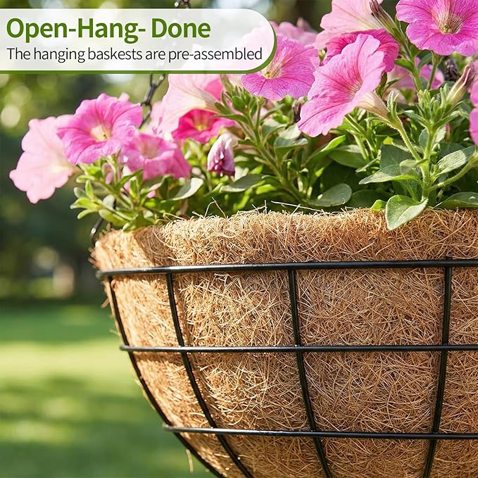 14 Inch Hanging Baskets for Plants Outdoor, 4 Pack Large Hanging Planters for Outdoor Plants, Round Metal Wire Hanging Flower Pots with Coconut Coir Liners for Garden, Deck, Porch, Balcony