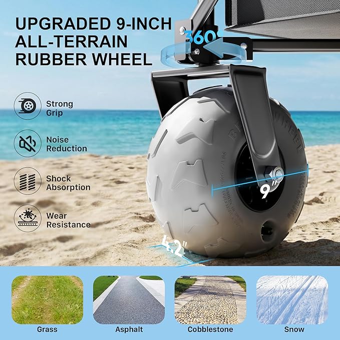 Beach Wagon with Big Wheels for Sand, 450LBS Heavy Duty Foldable Collapsible Wagons Carts with 9" All Terrain Inflatable Tires, Adjustable Capacity 200L–380L for Groceries, Camping, Sports