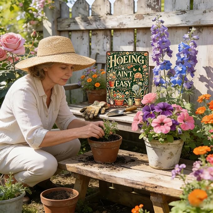 Gardening Gifts For Women Vintage Garden Decor For Outside Greenhouse Backyard Patio Yard Hoeing Ain't Easy Gardening Signs For Outside Metal Wall Decor Plant Lovers Gifts For Mom Wife Her Grandma