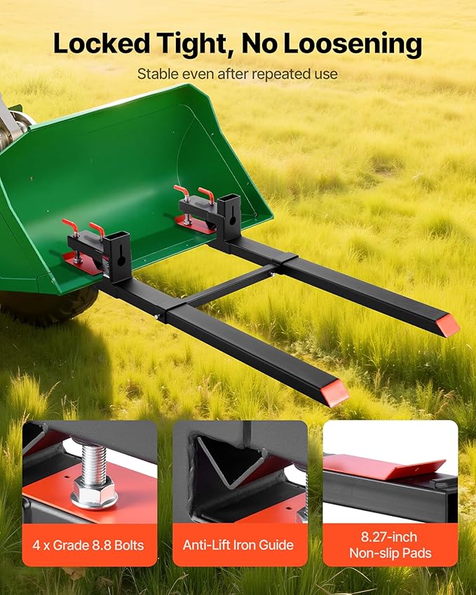 VEVOR Pallet Forks, 4000 lbs Clamp on Pallet Forks, 60-Inch Total Length Heavy-Duty Tractor Fork with Adjustable Stabilizer Bar for Tractor Attachments, Loader Bucket, and Skid Steer, Black