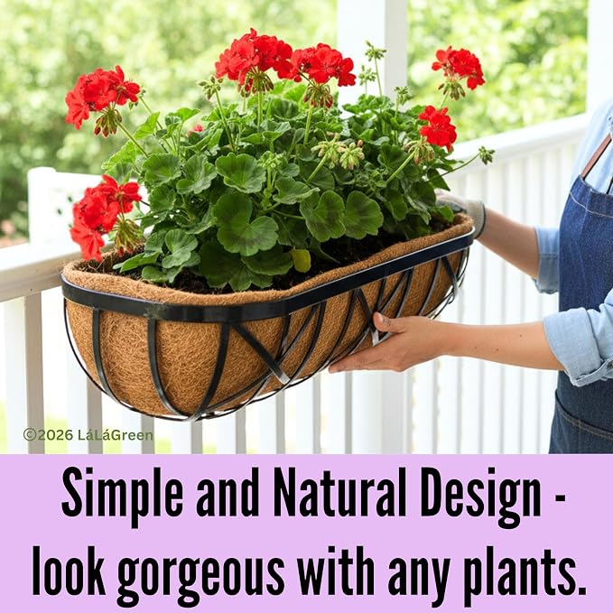 LaLaGreen 36 Inch, 2 Pack Railing Planters with Coir Liner – Large Black Metal Window Boxes with Adjustable Brackets for Wall Mounting, Herb Pots, Balcony & Fence Planter for Patio, Porch, Garden