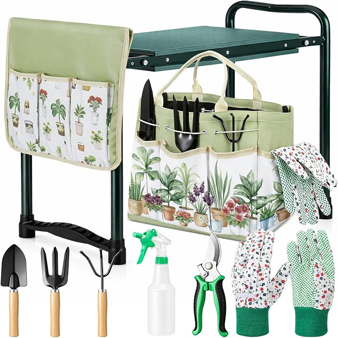 Sintuff 9 Pcs Garden Kneeler and Seat with Gardening Tools and Pouch Heavy Duty Gardening Stools for Seniors Foldable Garden Stool Gifts for Women Mom Employees Yard Outdoor Work Gift