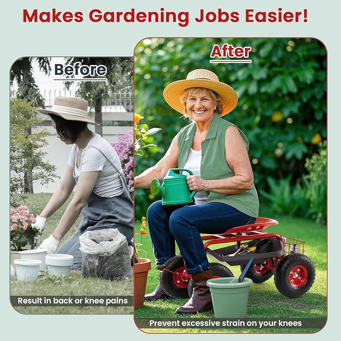 Giantex Garden Workseat, 360 Swivel Rolling Seat with Wheels, Tools Basket, Gardening Cart with Seat, Adjustable Height, Wagon Scooter for Patio Lawn Yard, Outdoor Steerable Stool (Red)