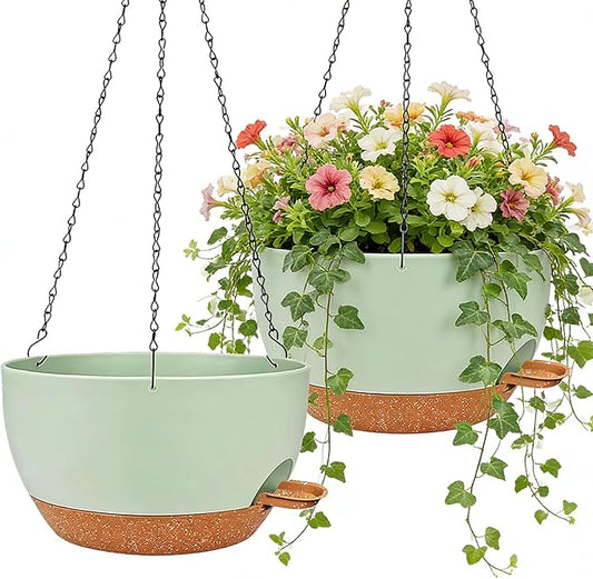 2 Pack 12" Self Watering Hanging Planters, Green Brown with Chains | Plastic hanging baskets with 43 Oz removable reservoir, for indoor outdoor plants, patio porch garden balcony decor