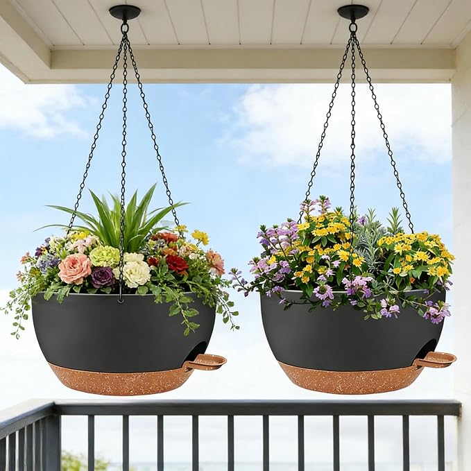 2 Pack 12" Self Watering Hanging Planters, Black Brown with Chains | Plastic hanging baskets with 43 Oz removable reservoir, for indoor outdoor plants, patio porch garden balcony decor
