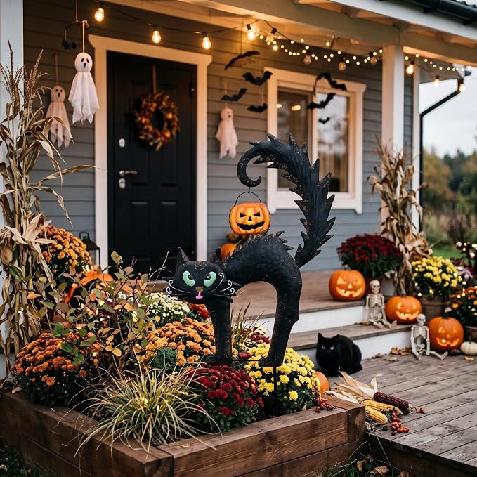 TERESA'S COLLECTIONS Halloween Garden Stake,Metal Black Cat with Jack-o'-Lantern Solar Light Decor,Spooky Yard Art Sign for Lawn Patio Porch,25"