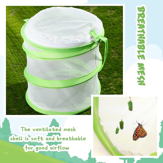 Sherr 20 Pcs Mini Butterfly Habitat Cage Clear Mesh Butterfly Net Cage Container Foldable Terrarium, 6.2x7.1inch (Green)