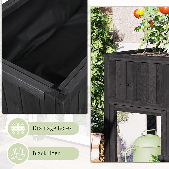 Merax Raised Garden Bed with Leg, Potting Bench with Wheels Outdoor Garden Work Bench Station Planting Solid Wood Construction for Horticulture w/Storage Cabinet, Black