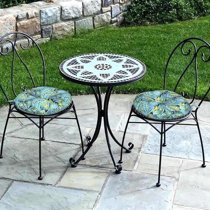 DYTXIII Set of 2 Outdoor Round Chair Cushions 15"x15"x4" with Ties, Water Repellent Tufted Bistro Seat Cushions, Thick Patio Chair Pads for Bar Stool, Garden & Dining Furniture - Paisley Lapis Green