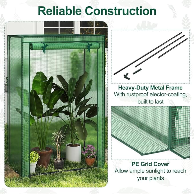 Giantex Portable Mini Greenhouse, Heavy Duty PE Cover, Elector-Coating Metal Frame, Waterproof Sun-Protective Tomato Green House with Roll-Up Zippered Door, Indoor Outdoor Green, 39" x 20" x 59"