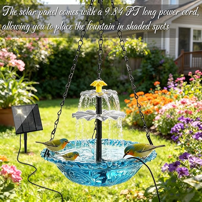 Solar Powered Water Fountain Hanging Bird Bath with Solar Fountain Solar Powered Cascading Water Fountain,3 Tier Solar Pump for Bird Bath Small Water Garden Fountain Water Feature