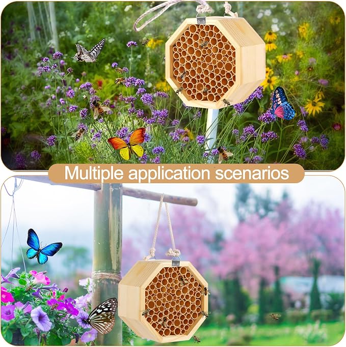 Mason Bee House - Handcrafted Natural Wooden Bee Hotel with Waterproof Wax Coating - Attracts Peaceful Pollinators, Enhances Garden Productivity
