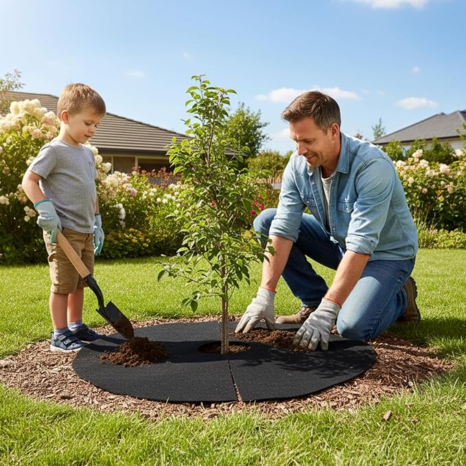 6 Pack 32.3 Inch Non-Woven Tree Mulch Ring,Plant Barrier Mat, Degradable Tree Protector for Invasive Growth Control, Root Protection and Landscape Gardening (Black)