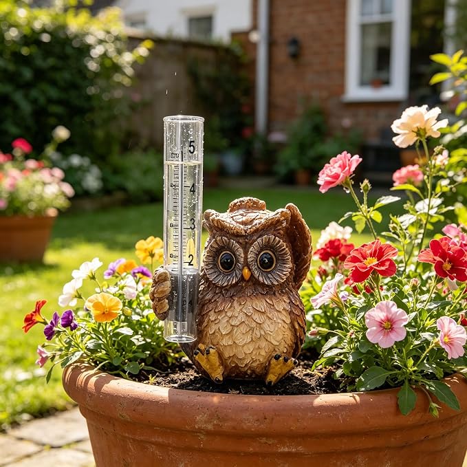 Owl Rain Gauge for Yard Patio, Cute Small Rain Collector Decorative, Unique Outdoor Gardening Garden Ornament with Tube for Home Garden, Deck, Porch, Backyard, Patio & Lawn (Khaki)