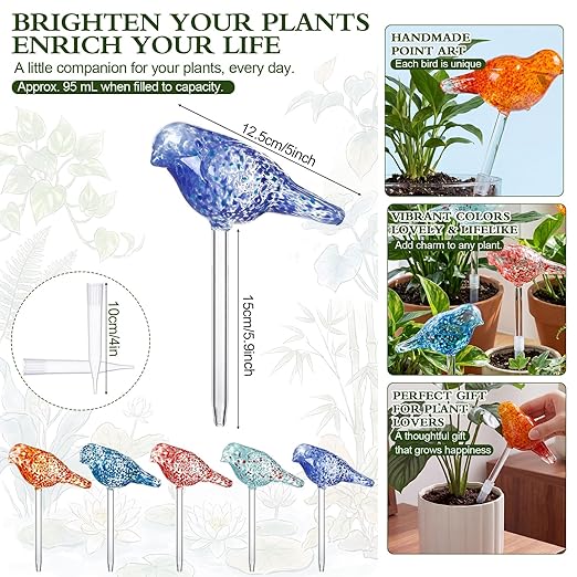 Duraaamo Self Watering Plant Globes Set of 5 - Bird Shaped Multicolor Hand Blown Glass Watering Bulbs, Automatic Plant Accessories Devices for Indoor & Outdoor Plants, Decorative Garden Stakes