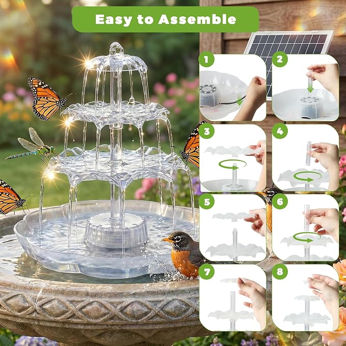 AISITIN 6.5W Solar Bird Bath Fountain with 8-Color LED Lights, 3 Tiered Bird Bath & Feeder, Upgraded Detachable Solar Pump for Garden, Patio, Yard, Pond (Auto Pump Day, Light at Night)